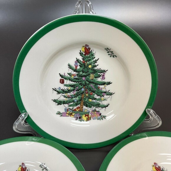 Spode Christmas Tree Bread & Butter Plates Green Band Lot of 3 - Retail $26 each - Picture 2 of 7